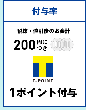 付与率 税抜・値引後のお会計 200円につき１ポイント付与